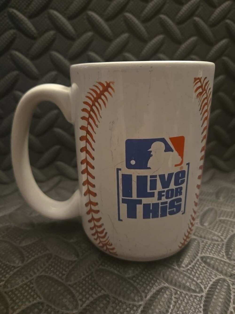 MLB I Live For This Baseball Coffee Mug White Orange Stitching Logo Cup